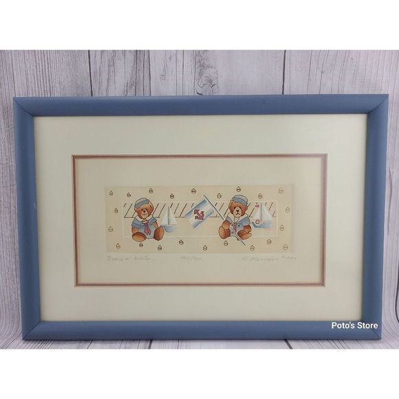 VTG BROOKE MORRISON 1989 FRAMED "BEANO N' BONTS" NAUTICAL TEDDY BEARS 408/700 - Picture 1 of 11